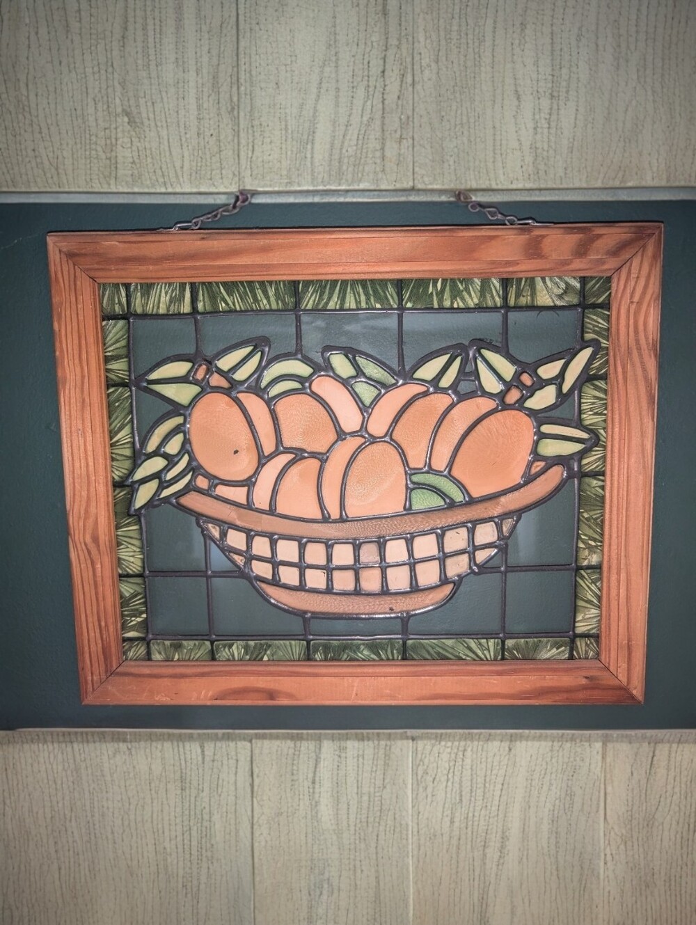 Vintage Painted Faux Stained Glass Orange Fruit Basket Wall Hanging Cottagecore‎